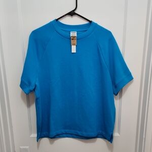 NWT PINK Fleece Aqua Blue Cropped Short Sleeve Sweatshirt Size Large